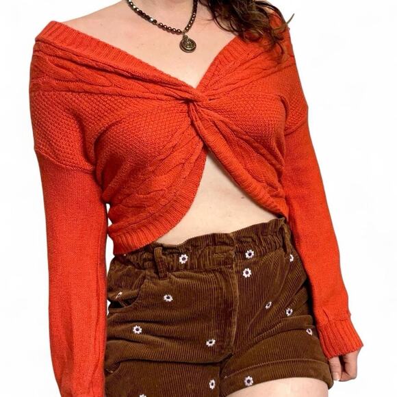 Y2K Women’s Off Shoulder Cropped Wrap Sweater Size L Chunky Knit Fall Sweater - Picture 1 of 7